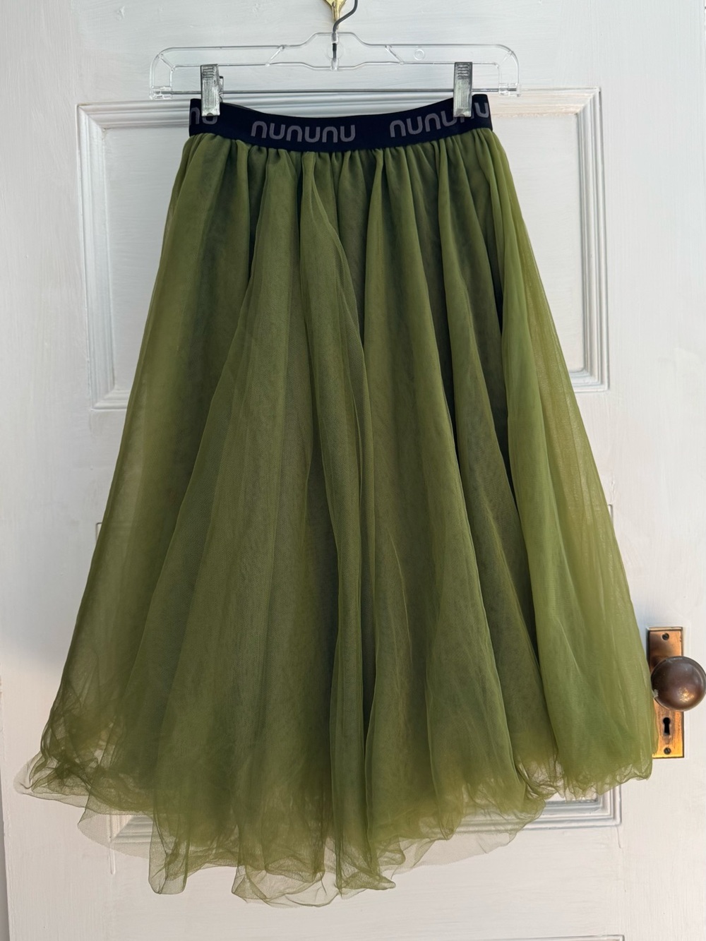nununu Olive Tulle Maxi Skirt with Logo Waistband